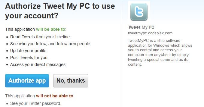 Authorize TweetMyPC App