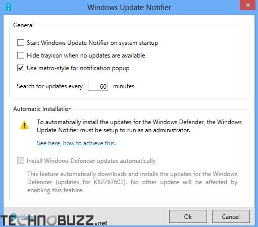 Windows 8 Update Notifier Settings