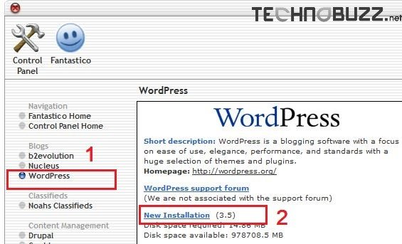 Fantastico WordPress Install