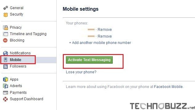 Facebook Mobile Settings to Activate Text Messaging